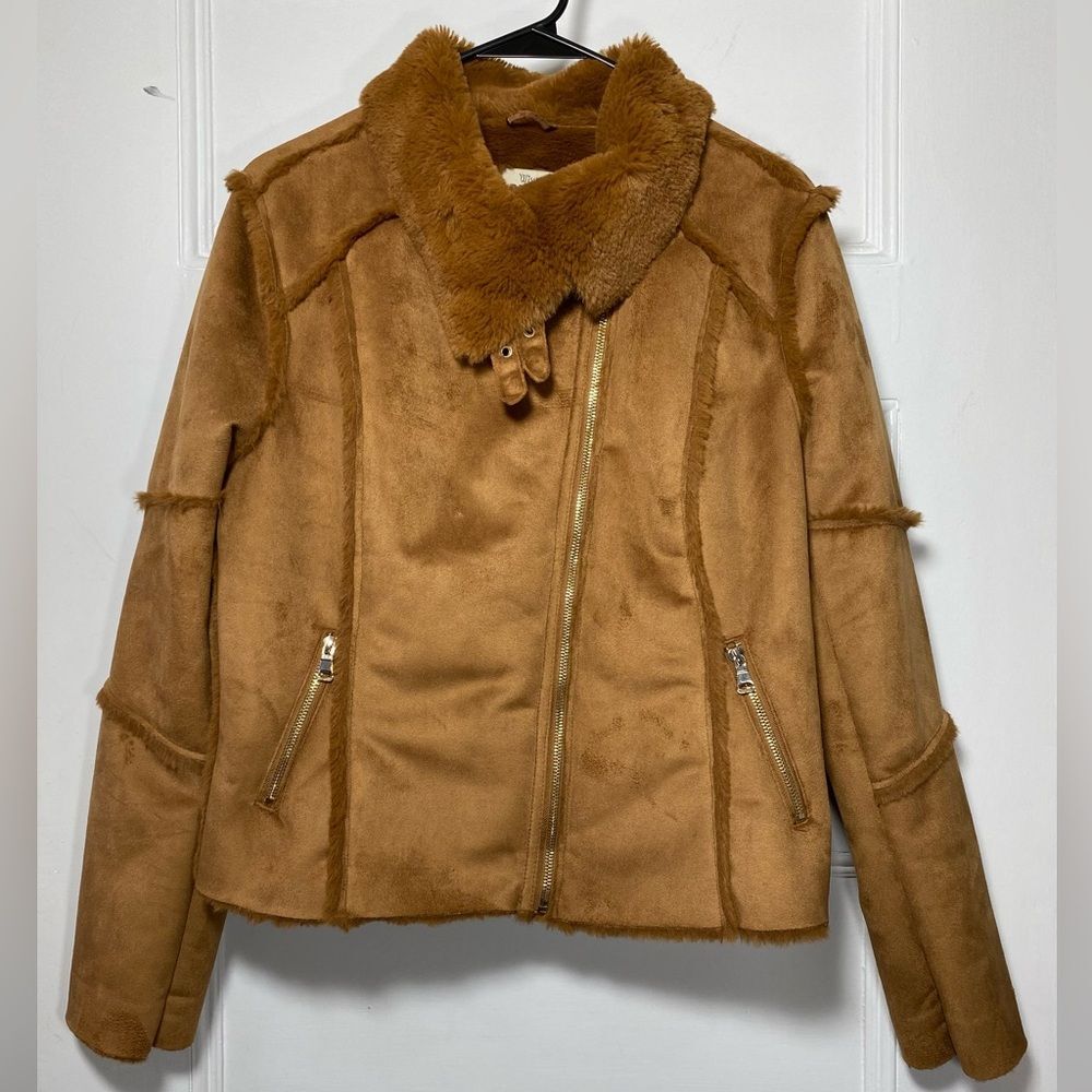 Wiya / Boutique Faux Suede Fur Full Zip Moto Jacket Camel Sz Medium